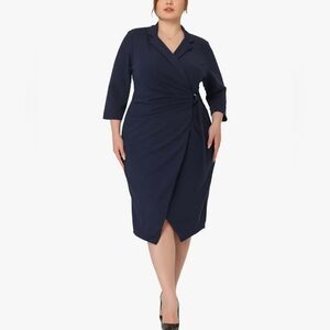 Agnes Orinda 1950's Elegant Retro Faux Wrap Coctail Midi Dress In Navy